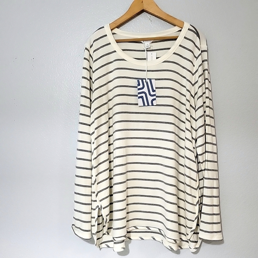 Market & Spruce Women's Ivory Grey Striped Strecth Sweatshirt Long Sleeve Sz 2X